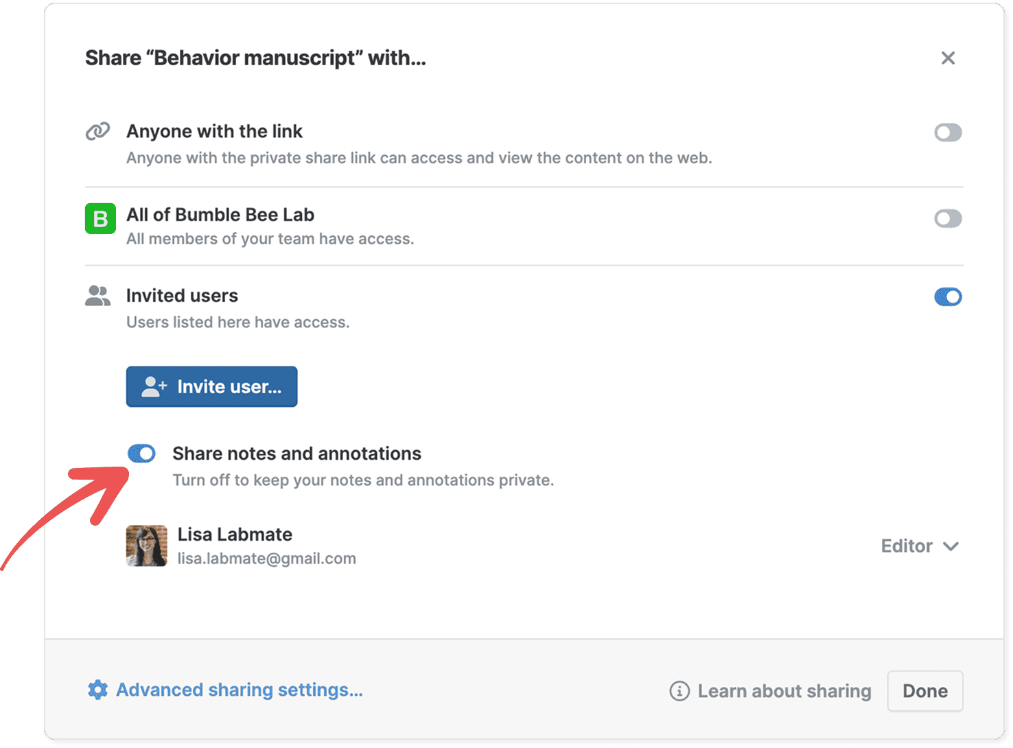 The “Share ‘Behavior manuscript’ with…” dialog with a red arrow pointing to the “Share notes and annotations” toggle, switched on and described as keeping notes private when off, above the invited Editor.